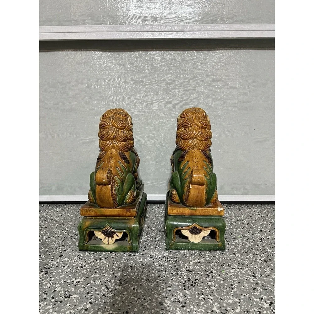 Pair Of Old Green Yellow Ceramic Chinese Foo Dogs Temple Statue